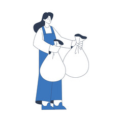 Cleaning Service with Professional Woman Worker Character Standing with Garbage Sack Vector Illustration