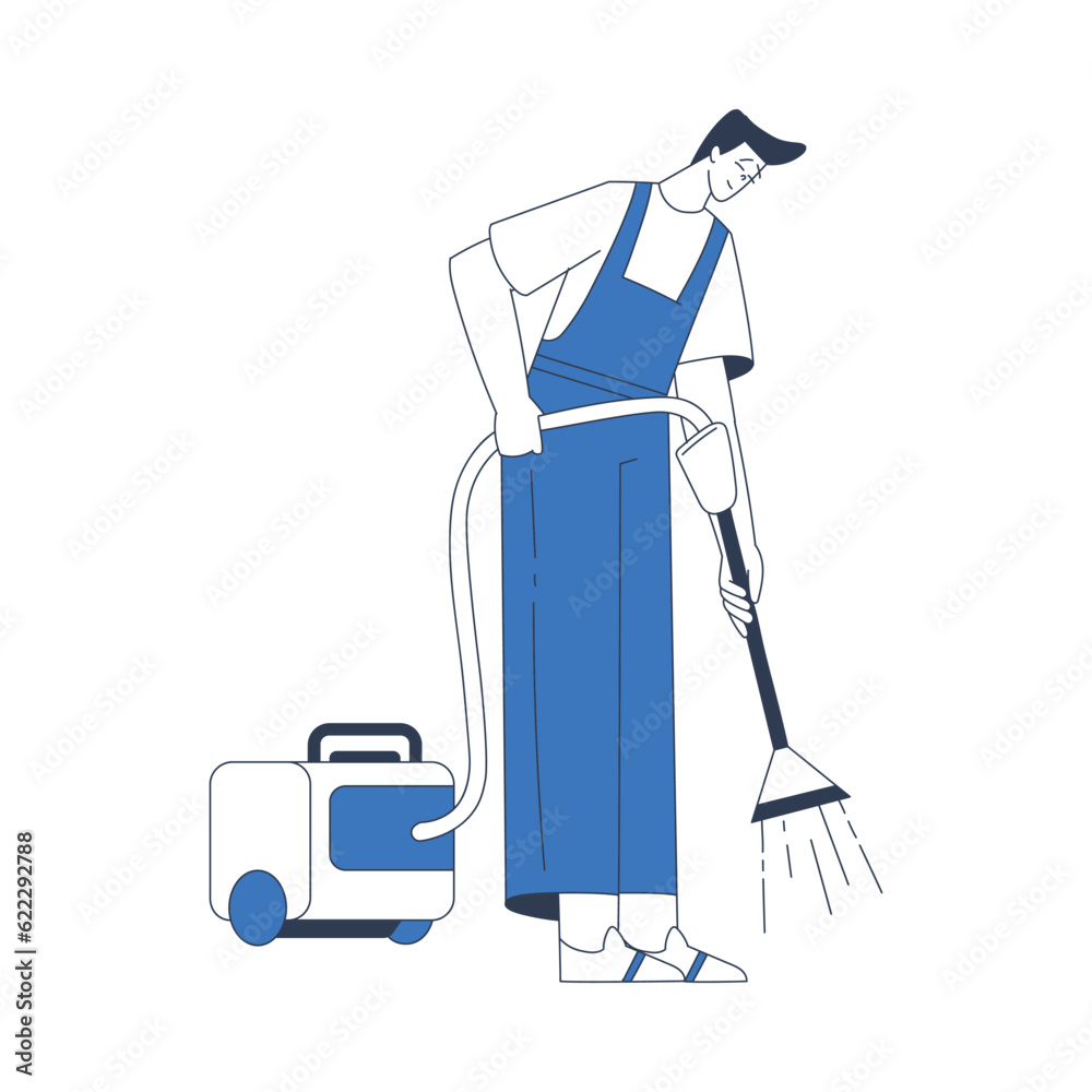 Wall mural cleaning service with professional man worker character vacuum the floor vector illustration