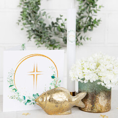 Dekoration für Kommunion, Taufe, Hochzeit mit Fisch und Kreuz