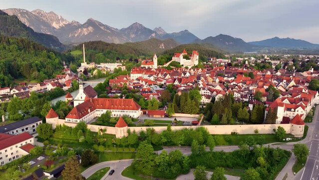 Aerial view over the medieval town Fussen, river and countryside and mountain, Germany