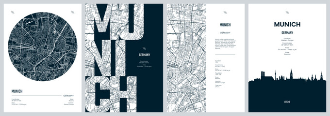 Fototapeta premium Set of travel posters with Munich, detailed urban street plan city map, Silhouette city skyline, vector artwork