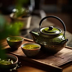 Foto op Aluminium Green oolong tea in a teapot on the table. Hot tea in cups. Tea ceremony. Teapot and a cup of tea with green tea on the table. Copy space. © Olga