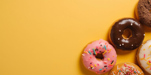 Tasty donuts on a yellow background. Free space. National Donut Day concept.