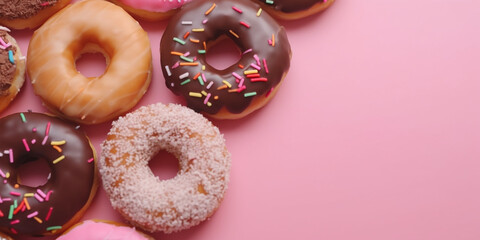 Tasty donuts on a pink background. Free space. National Donut Day concept.