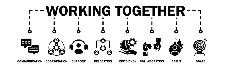 Working together banner web icon vector illustration concept with icon of communication, coordination, support, delegation, efficiency, collaboration, teamwork, spirit, goals
