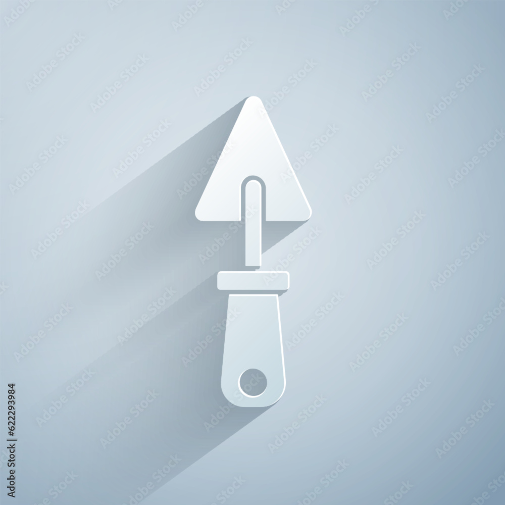 Sticker Paper cut Trowel icon isolated on grey background. Paper art style. Vector