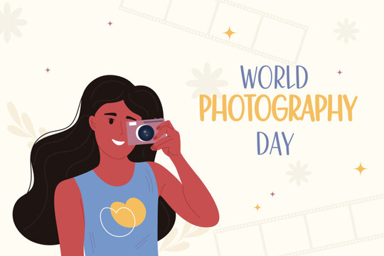 Flat world photography day background. An African American woman takes a photo - Powered by Adobe
