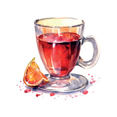 Cold tea lemon summer watercolor in retro style on white background. Natural background.
