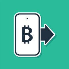 Blue Mining bitcoin from mobile icon isolated on green background. Cryptocurrency mining, blockchain technology service. Vector