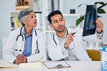 Teamwork, xray and doctors, nurses or people of healthcare research, results and analysis or...