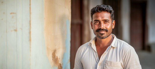 Handsome 40 year old Indian man posing in front of a white wall.