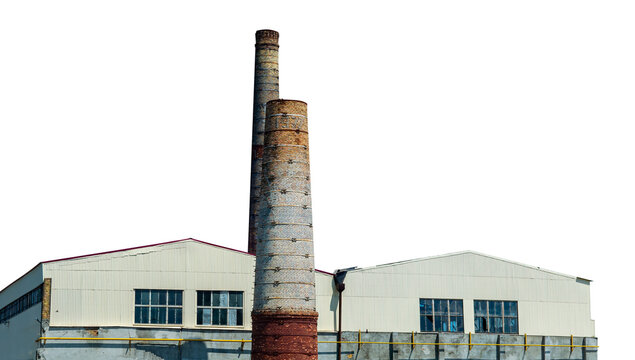 Industrial building with chimneys isolated in PNG. Chimneys of the factory. Cropped image in PNG format. Insert into layout. Industrial style. Manufacturing enterprise.
