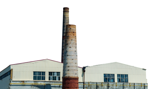 Industrial building with chimneys isolated in PNG. Chimneys of the factory. Cropped image in PNG format. Insert into layout. Industrial style. Manufacturing enterprise.