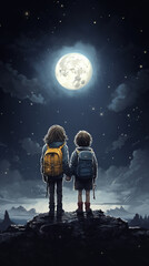 Boy and girl holding hand in hand, standing toward to the sky and full moon, limitless support, unconditional love 