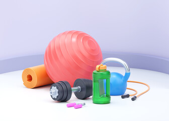 Fitness 3d render illustration - strenght dumbbell, realistic water bottle and fit ball with kettlebell