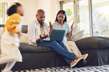 Child running with stressed parents on a laptop at their home in the living room with problems. Upset, technology and girl kid moving fast with blur motion with mother and father on computer on sofa.