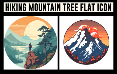 Hiking mountain tree icon vector set, Hiking background vector, Hiking flat Illustration, mountain illustration