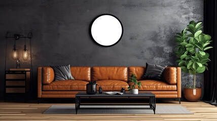 Interior living room wall mockup with leather sofa and transparent oval frame on wall