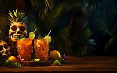 Tiki cocktails with dark bar table background