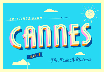 Greetings from Cannes, France - The French Riviera - Touristic Postcard. - obrazy, fototapety, plakaty