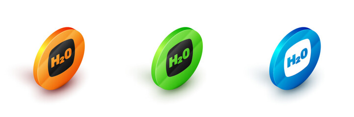 Isometric Chemical formula for water drops H2O shaped icon isolated on white background. Circle button. Vector