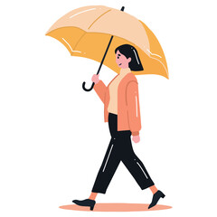 young woman walking with umbrella in flat style isolated on background