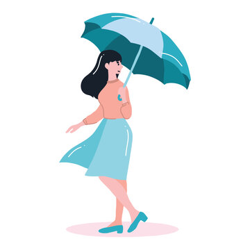 young woman walking with umbrella in flat style isolated on background