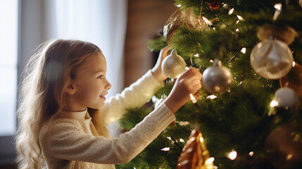 happy little girl decorating Christmas tree at home, winter holidays, charity and people concept Merry Christmas Holiday concept, Generative Ai