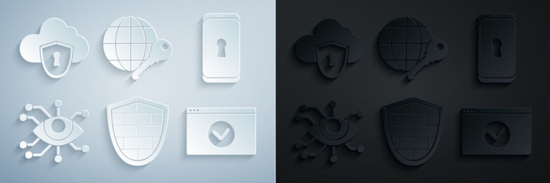 Set Shield with cyber security brick wall, Smartphone lock, Eye scan, Secure your site HTTPS, SSL, Globe key and Cloud and shield icon. Vector