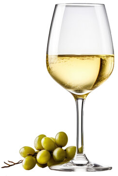 Glass of white wine and grapes isolated on transparent background, generative AI