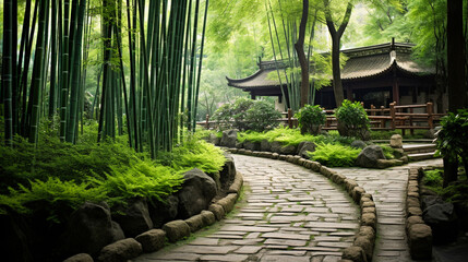 A winding bamboo forest path leads to a traditional Chinese garden. Peaceful mind, Chinese traditional architecture concept.
