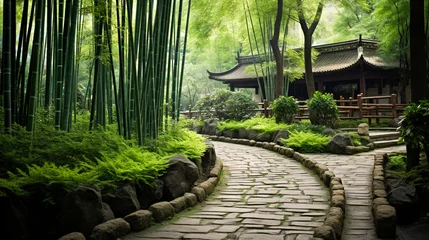 Wall murals Grey 2 A winding bamboo forest path leads to a traditional Chinese garden. Peaceful mind, Chinese traditional architecture concept.