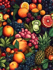 Drawing illustration of many fruits. Seamless pattern with many fruits. The concept of healthy natural food. Bright template for fabric, cover, banner, print