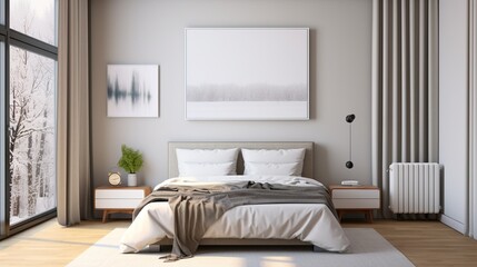 Fototapeta na wymiar Welcoming Bedroom with Blankets color Gray and som other stuff making the Room on Another Level