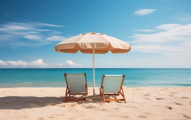 A couple of chairs sitting under an umbrella on a beach. AI
