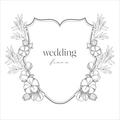 Wedding Crest with Flowers. Line Art Illustration.