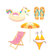 Inflatable circle in the shape of a unicorn, slippers, flip-flops, the swimsuit is separate, beach chair, sunbed, umbrella.