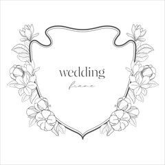 Wedding Crest with Flowers. Line Art Illustration.