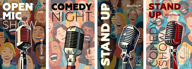 Stand up comedy show poster set. Open mic night flyer or placard template collection. Drawing artworks retro microphone with laughing people. Typography banner design. Vector eps illustration