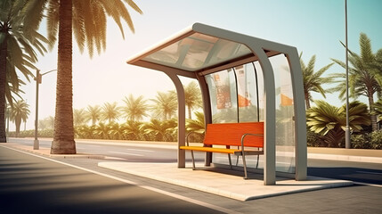 Bus station construction for advertising or promotional content located in city district in summer daytime.