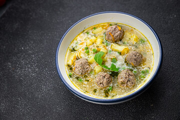 meatball soup meat balls first course vegetable food healthy meal food snack on the table copy space food background rustic top view keto or paleo diet