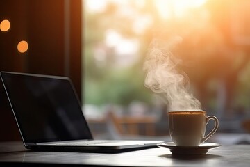 Coffee and Laptop on Blurred Desk Background: Workspace, Technology and Business