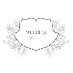 Wedding Crest with Flowers. Line Art Illustration.