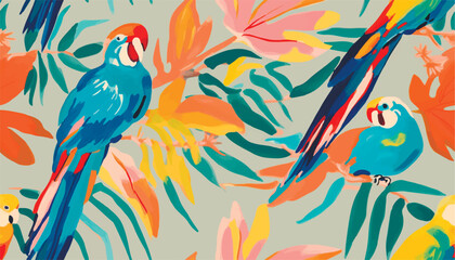 Modern tropical pattern with parrots. Cute botanical abstract contemporary seamless pattern. Hand drawn unique print.