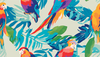 Modern tropical pattern with parrots. Cute botanical abstract contemporary seamless pattern. Hand drawn unique print.