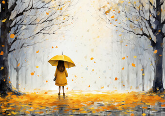 Girl playing outside in the autumn weather in nature with colorful laves in the fall. Generative AI illustrations