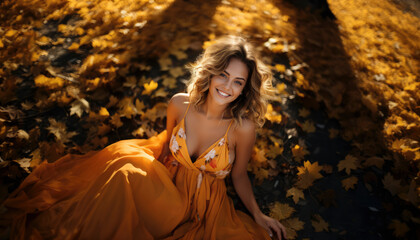 Fashion woman dressed in autumn colors in the forest at fall season. Generative AI illustrations