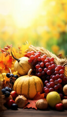 Decorative and colorful autumn fruit on a table in the fall. Generative AI illustrations