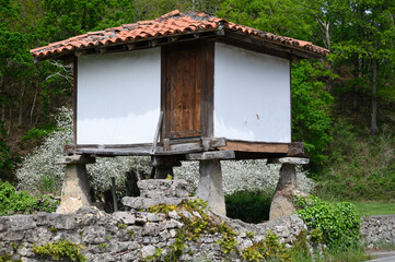 Horreo, typical granary with pillars near Cangas de Onis, mountain village, Picos de Europa mountains, Asturias, North of Spain