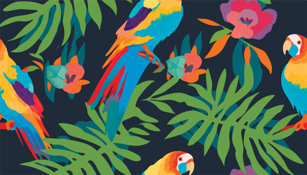 Modern tropical pattern with parrots. Cute botanical abstract contemporary seamless pattern. Hand drawn unique print.
